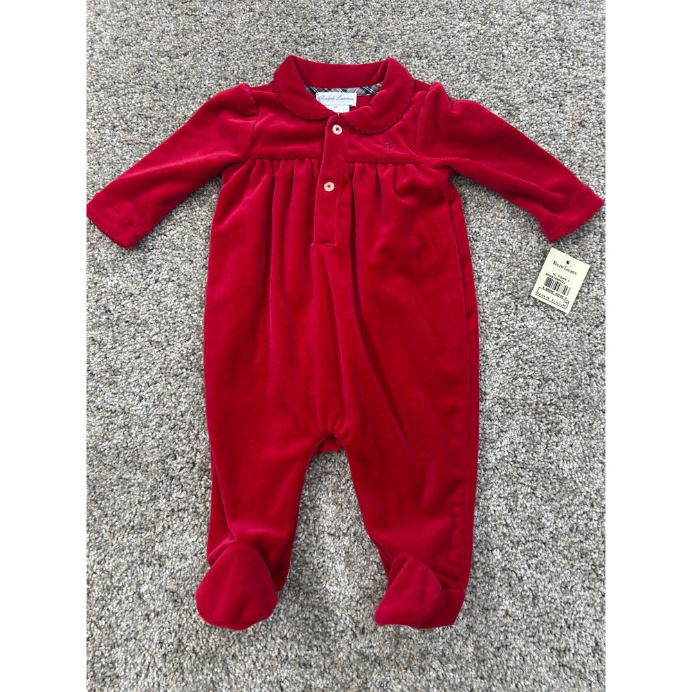 Ralph Lauren Baby Girl Red Velour Footed Coverall Romper 3M NWT Holiday #0763